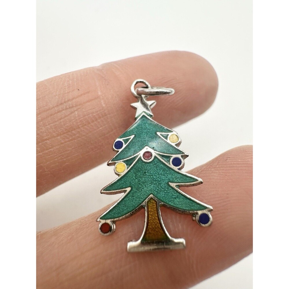 Sterling Silver Christmas Tree Enamel Charm Pendant Vintage